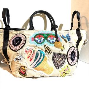 Trendy Cream Tote large Bag with Fun Patches